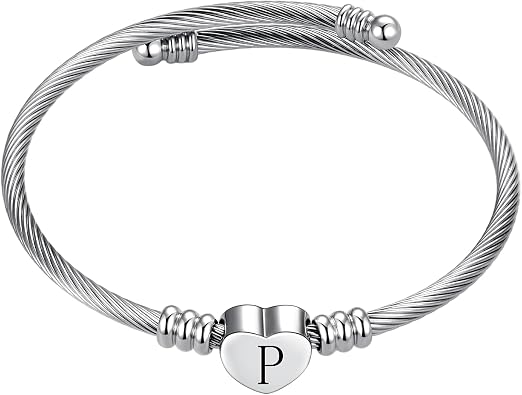 LSxAB Women Name Initial Letter Bangle Bracelets Silver Alphabet A-Z Bangle Bracelets Birthday Jewelry