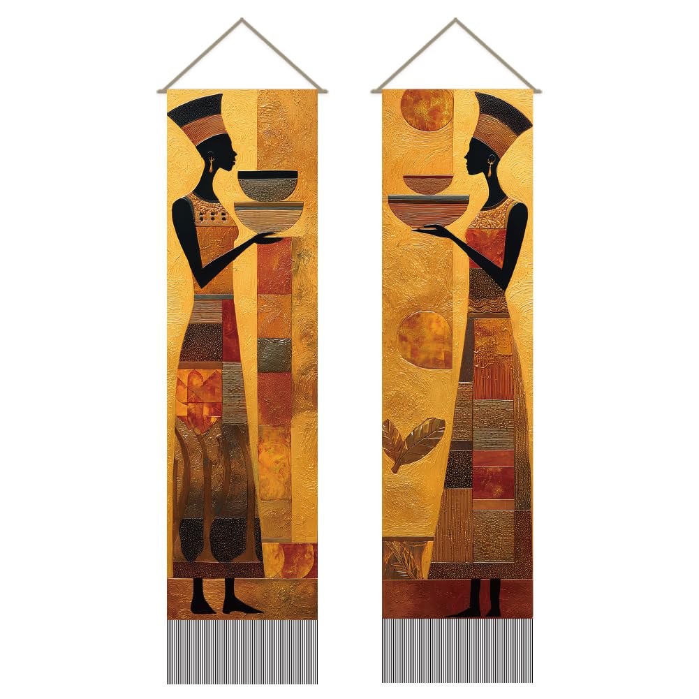 AHANDMAKER 2Pcs African Tribal Woman Tapestry, Indian Women Vertical Wall Hanging Boho Wall Tapestry with Tassels for Living Room Bedroom Home Office Decoration, 45.7x13 Inch