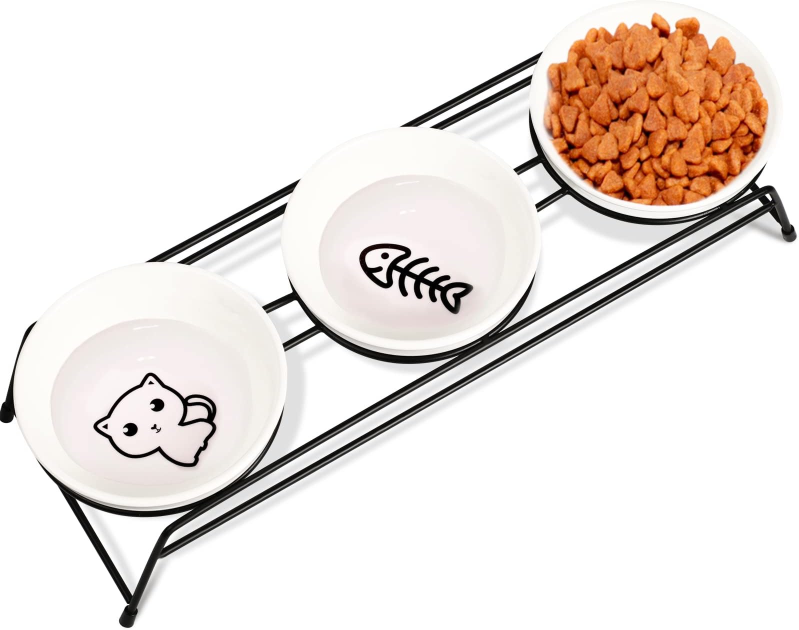 Anti-Vomiting Raised Cat Bowls - 3 ร 13 oz Ceramic Food & Water Bowls with Non-Slip Stainless Steel Stand, Dishwasher Safe for Indoor Cats & Puppy