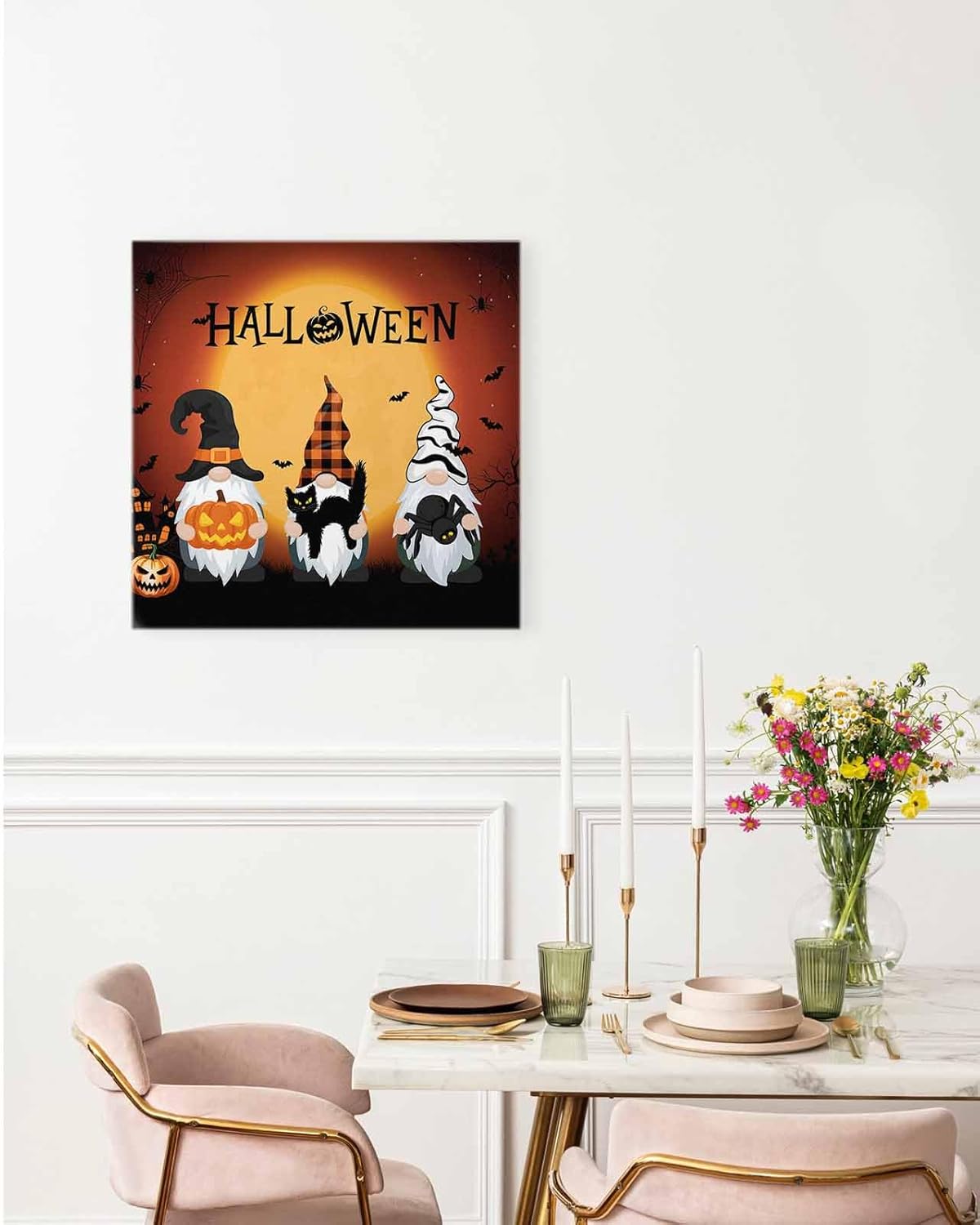 Savannan DIY Paint by Numbers, Halloween Gnome Black Cat Castle Pumpkin Bat Cobweb Framed Canvas Oil Painting Kit with Paintbrushes, Acrylic Pigment for Kids & Adults, 16"x16"