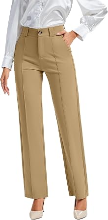 FUNYYZO Stretchy Work Pants for Women Straight Leg Dress Pants for Business | Office Dress Pants for Women, High Stretchy Fabric, Elastic Waistband, High Waist Straight Leg, Deep Side Pockets
