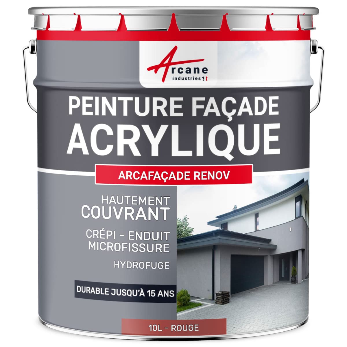 ARCANE INDUSTRIES Peinture Façade Hydrofuge Acrylique - Mur, Crépi, Béton - Imperméable Haute Résistance 15 Ans - 10 L (+ ou - 60 m² en 1 Couche) Rouge - RAL 030 50 40