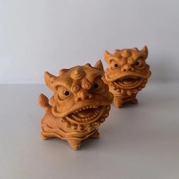 2PCS Handmade Traditional Chinese Lion Dance Wooden Statues,Lion Figurine Wooden Decoration Statue Wall Art King Miniature Carved Small Animal,Cultural Ornament,A