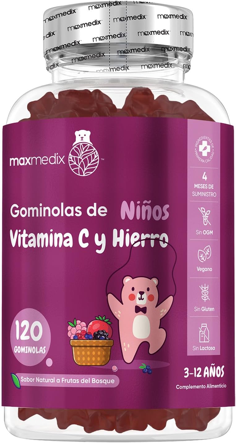 Gominolas de Hierro y Vitamina C Para Niños Sabor Frutas a del Bosque 120 Unidades - Gominolas de Vitaminas Fuente de Energía, Apoyo al Sistema Inmunitario y Defensas para Niños, Para 4 Meses