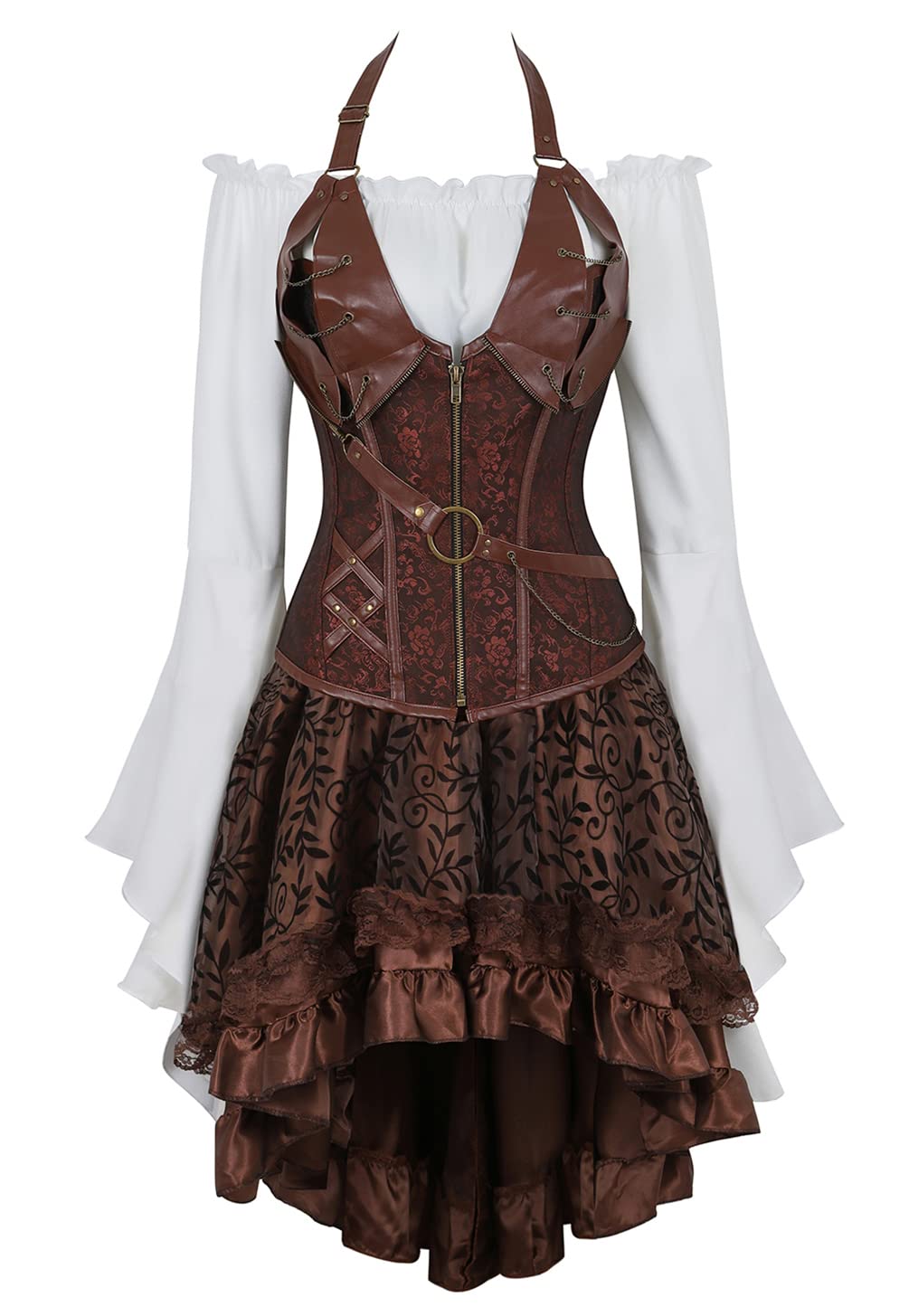 Hengzhifeng Corsetto Pelle Steampunk con Camicia e Gonne Tulle