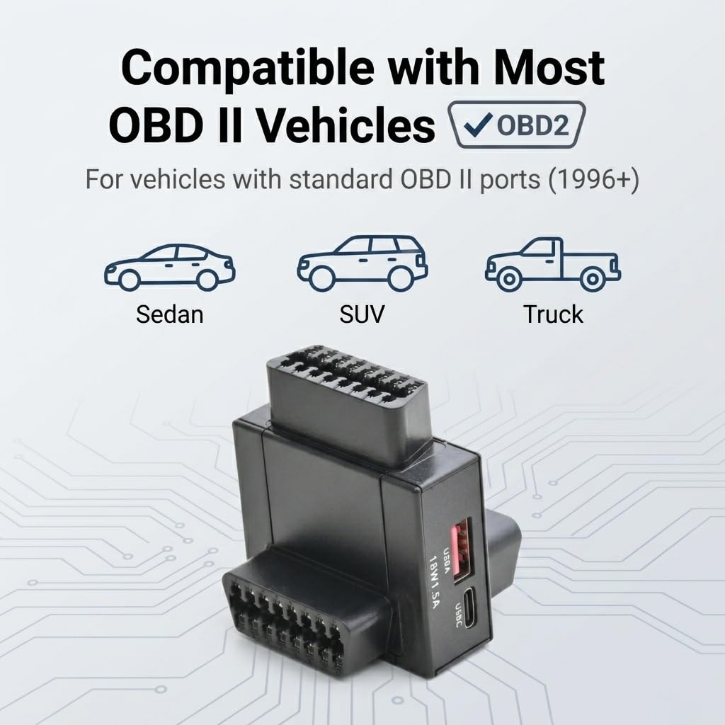 iKKEGOL Adaptateur répartiteur OBD2, OBD II 16 broches 1 mâle vers 2 femelles câble d'extension avec ports de charge USB et USB-C, répartiteur OBD2 Y 2 voies double convertisseur pour diagnostic de