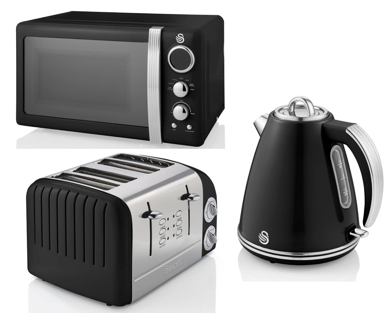 SWAN Retro Black 1.5L 3KW Jug Kettle, 4 Slice Toaster ST34020BN & 800W 20L Digital Microwave. Matching Vintage Kitchen Set in Black