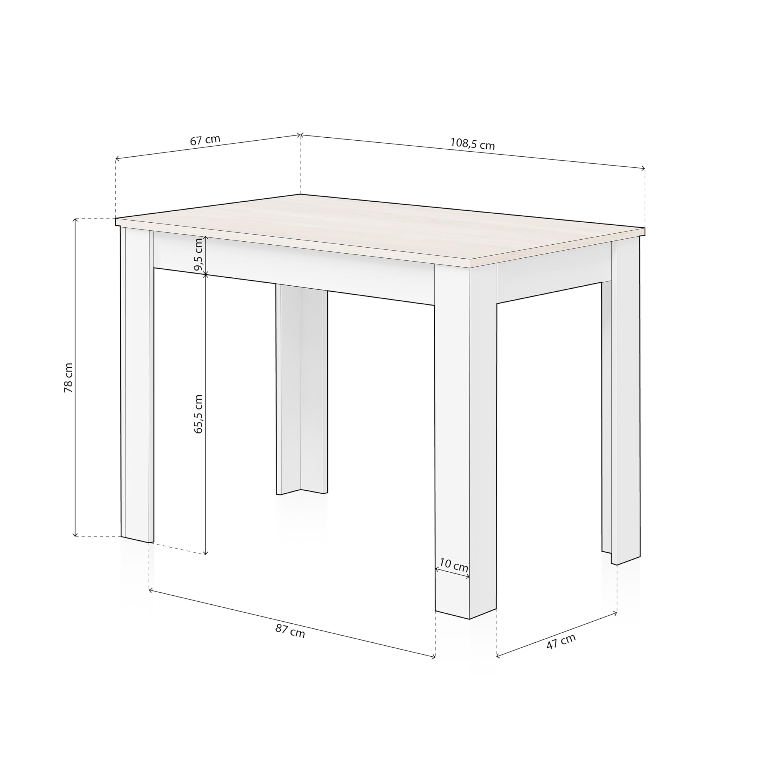 duehome | Mesa Auxiliar Fija, Mesa Comedor o Cocina, Acabado en Color Blanco Artik y Roble Canadian, Modelo Dina, Medidas: 109 cm (Ancho) x 67 cm (Fondo) x 78 cm (Alto)
