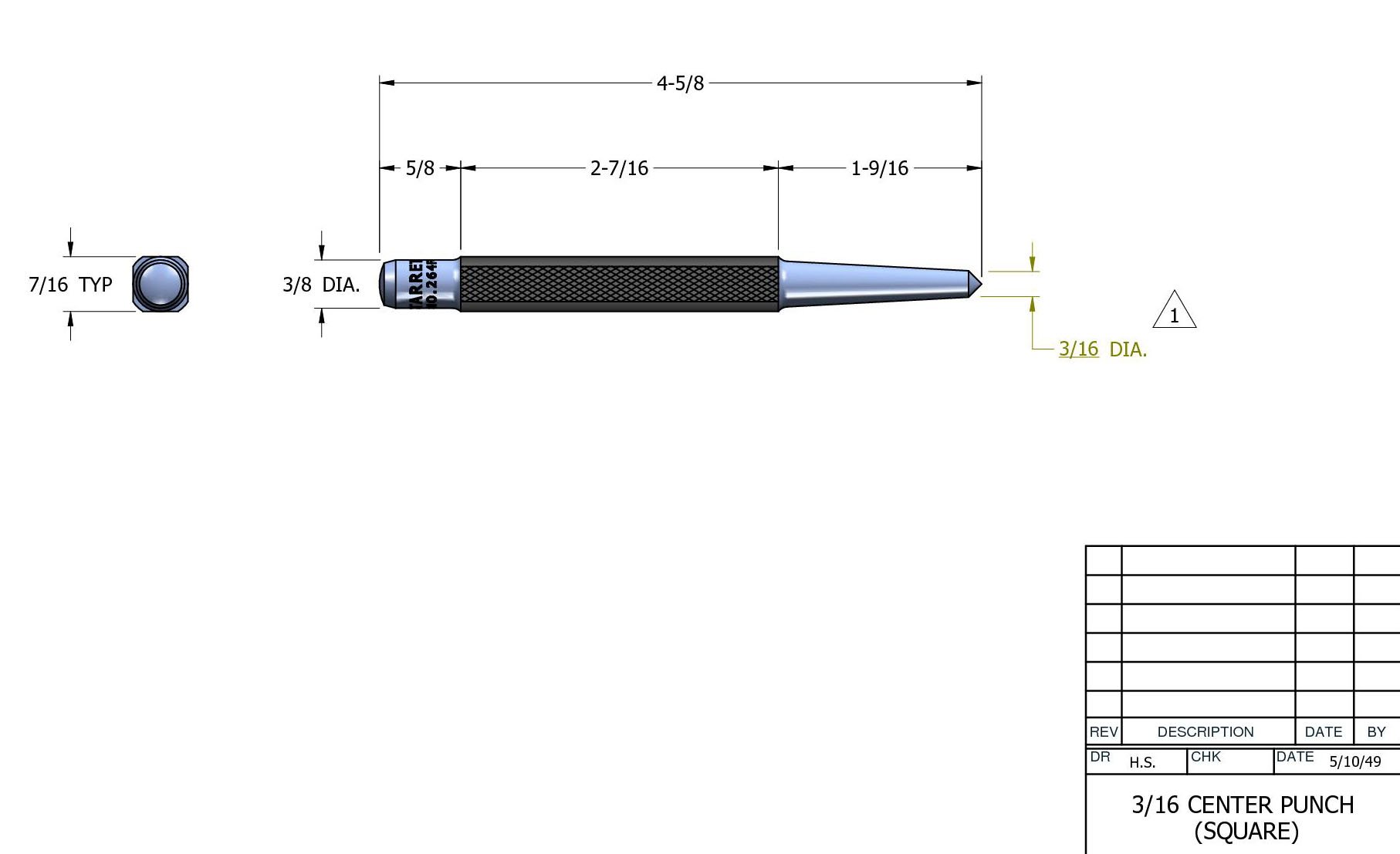 Starrett 264F Centre Punch With Square Shank, 4-1/2" Length, 3/16" Tapered Point Diameter, 7/16" Square Thickness - Image 3
