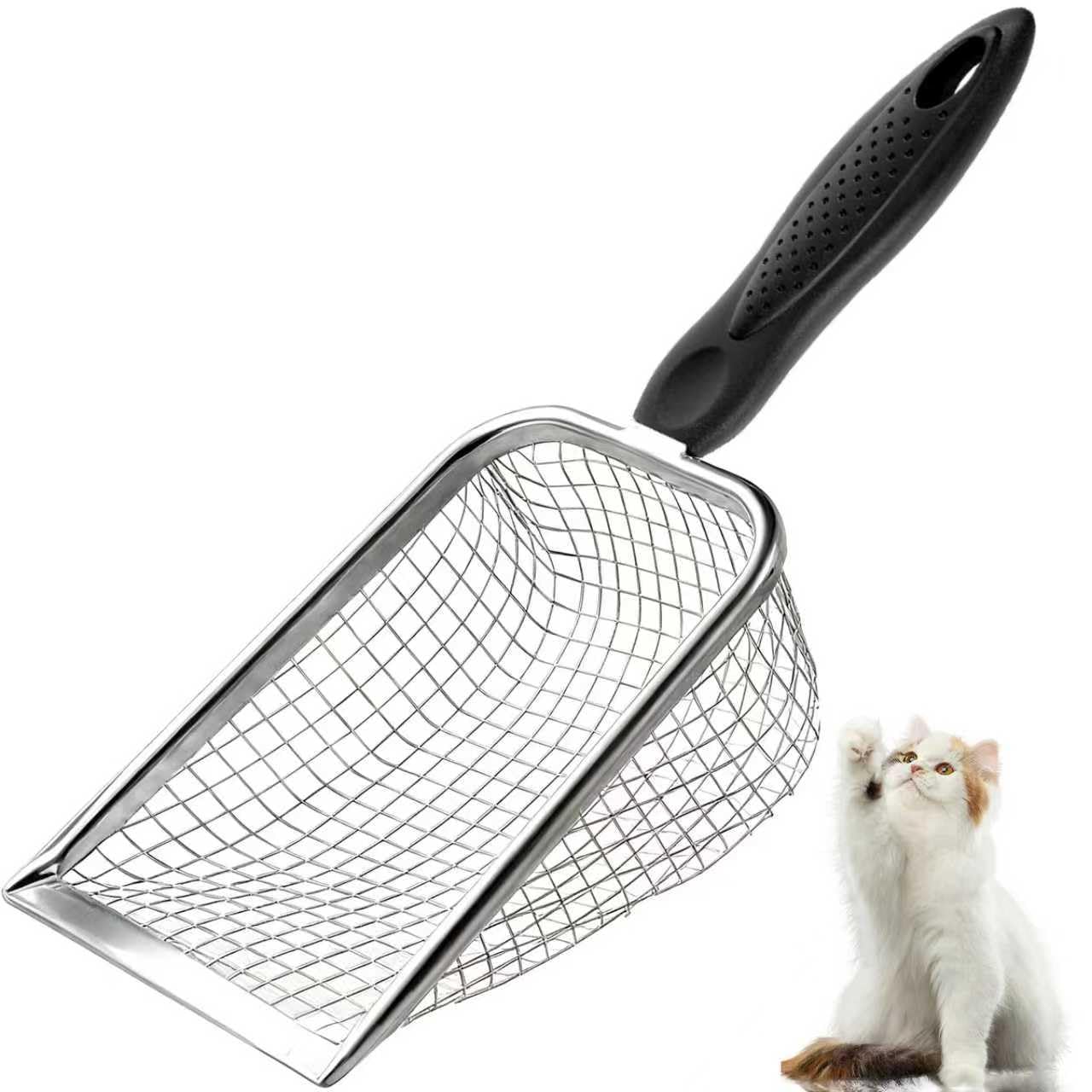 Apidgrowth Cat Litter Scoop - Long Handle Scooper, Rustproof Stainless Steel Mesh, Non-Slip Grip, Deep Shovel Sifter for All Litter Types, Easy Clean Kitty Waste Litter for Litter Box