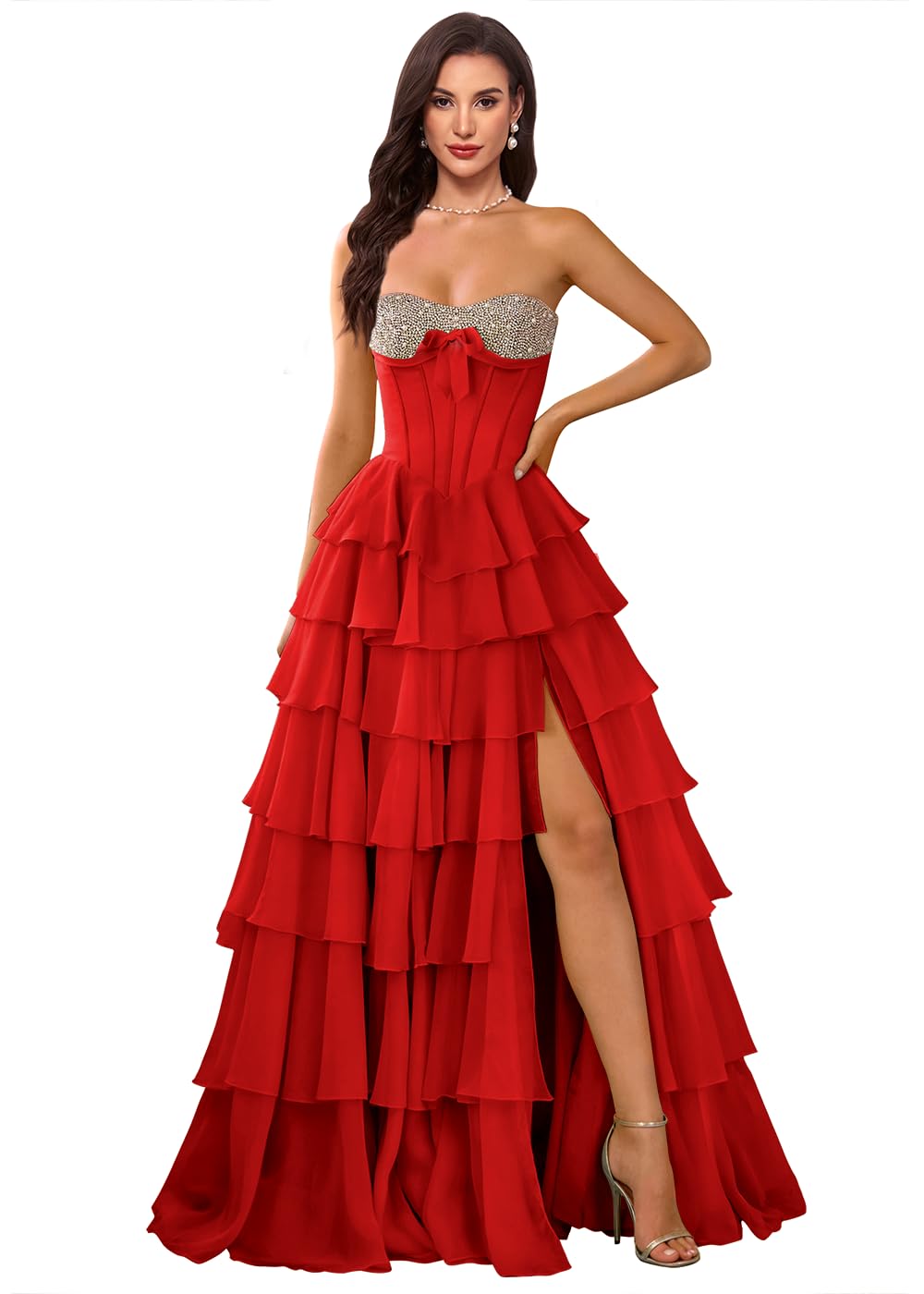 Women's Strapless Beaded Corset Prom Dresses Formal Tiered Ruffled Chiffon Long Evening Gown with Slit
