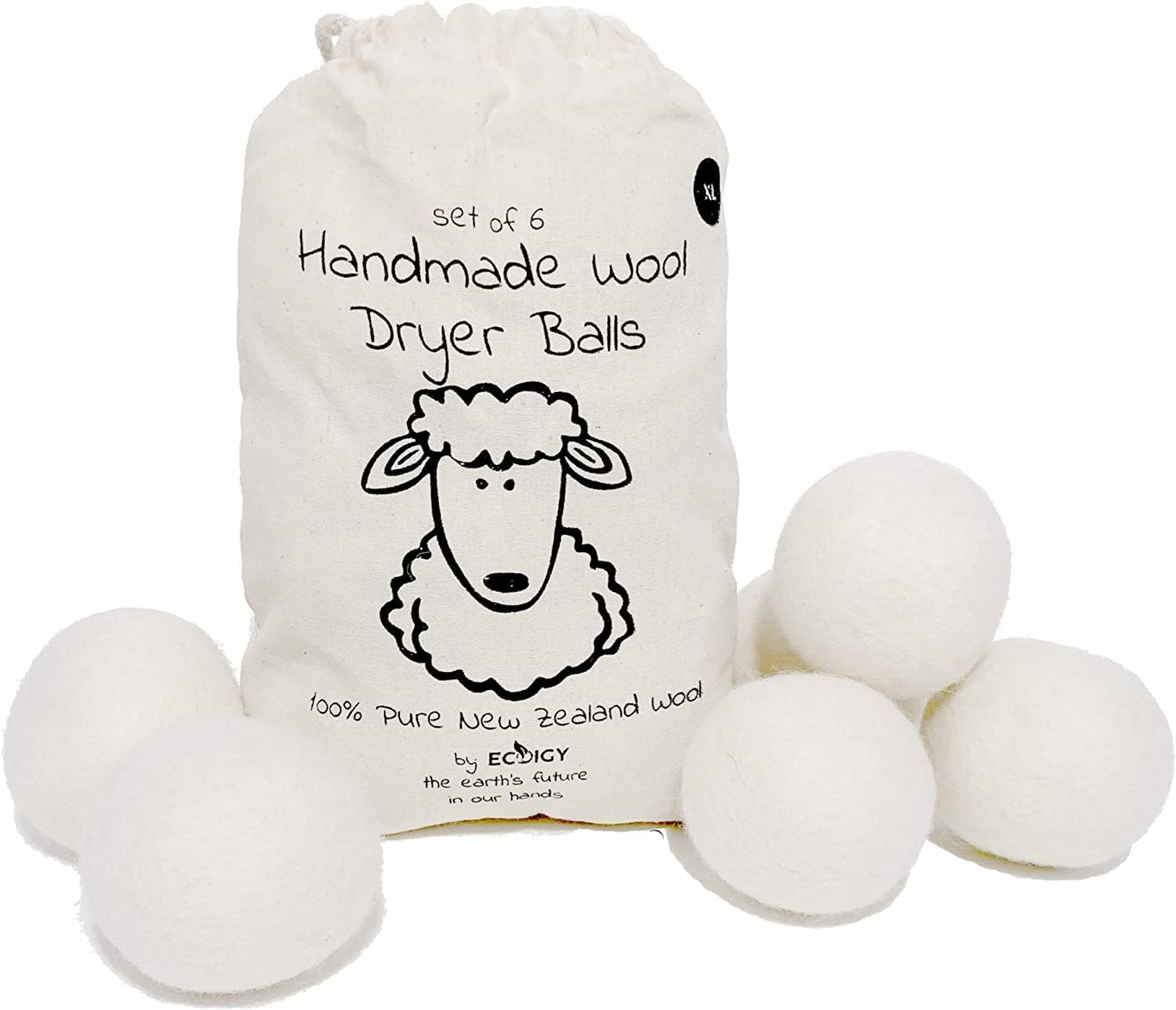 Ecoigy Wool Dryer Balls Organic XL 6-Pack , Reusable Natural Fabric Softener for Laundry, Dryer Sheets Alternative, New Zealand Wool, Speed Up Dry Time, Cut Energy Costs