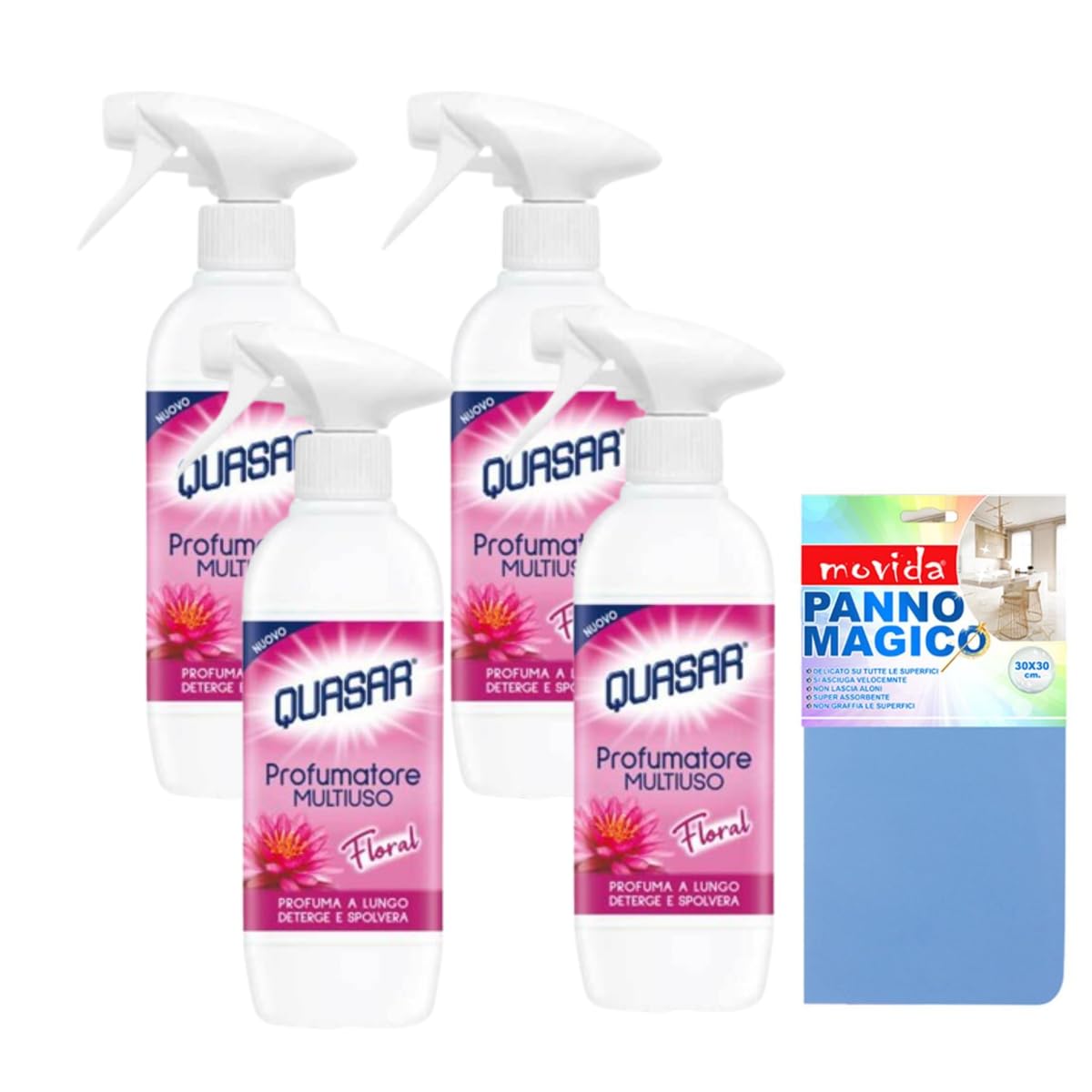 Spray Profumatore Multiuso Floral 500 ml, Confezione da 2 Bottiglie con Panno in Omaggio (500 ml (Confezione da 4 + panno))