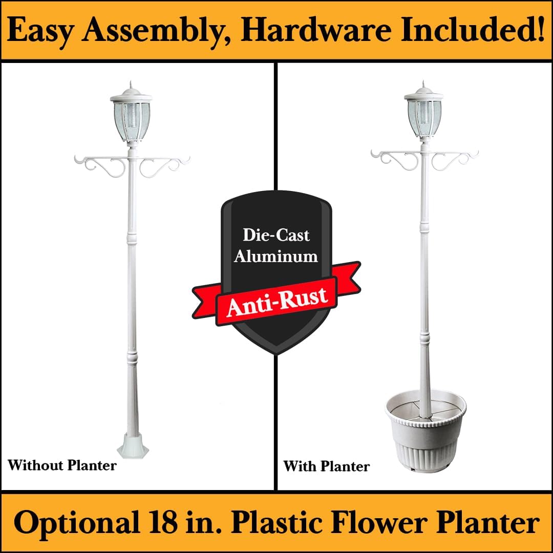 Sun-Ray Solar Lamp Post Light with Planter and Hanger, 7ft. Outdoor Single Head Solar Post Light for Patio, Driveway, Lawn or Garden, 80 Lumens, Kenwick Design in White