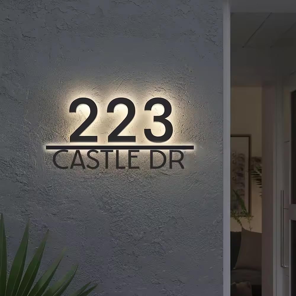 Letrero Personalizado Con Números De Casa Modernos Retroiluminados Por LED, Placa Iluminada Con El Nombre De La Calle Personalizable, Placa Acrílica Exterior Iluminada Personalizada(18inch)