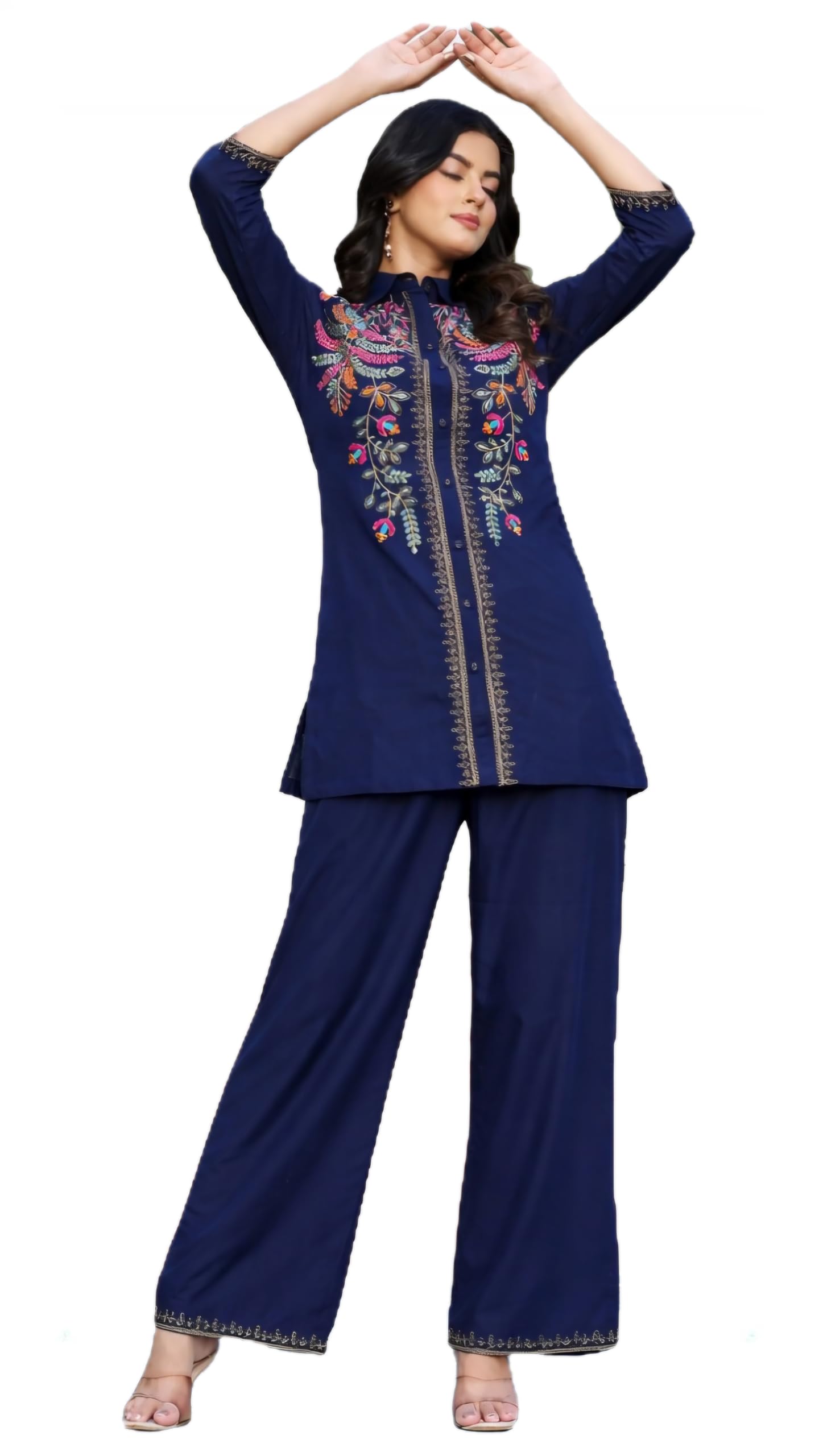Women's Cotton Navy Blue Embroidered Kurta Pant Set | Multicolor Floral Thread Embroidered Co-ord Set with Shirt Collar for Office & Festival Wear-image-36