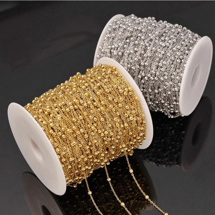 2 Rolls Total 33 Feet Stainless Steel Satellite Curb Chain, BetterJonny 2mm Diameter Gold and Silver Stainless Steel Roller Ball Chains for Jewelry Making