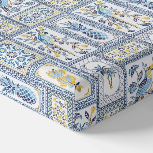 Image of LORETO - A QUALITY LINEN BRAND 144 TC 100% Pure Cotton Single Fitted Bedsheet with 1 Pillow Cover for 72 x 36 Inch Mattress, All-Around Elastic, 8 Inch Deep Pocket, Royal Parrot Flora Print - Blue