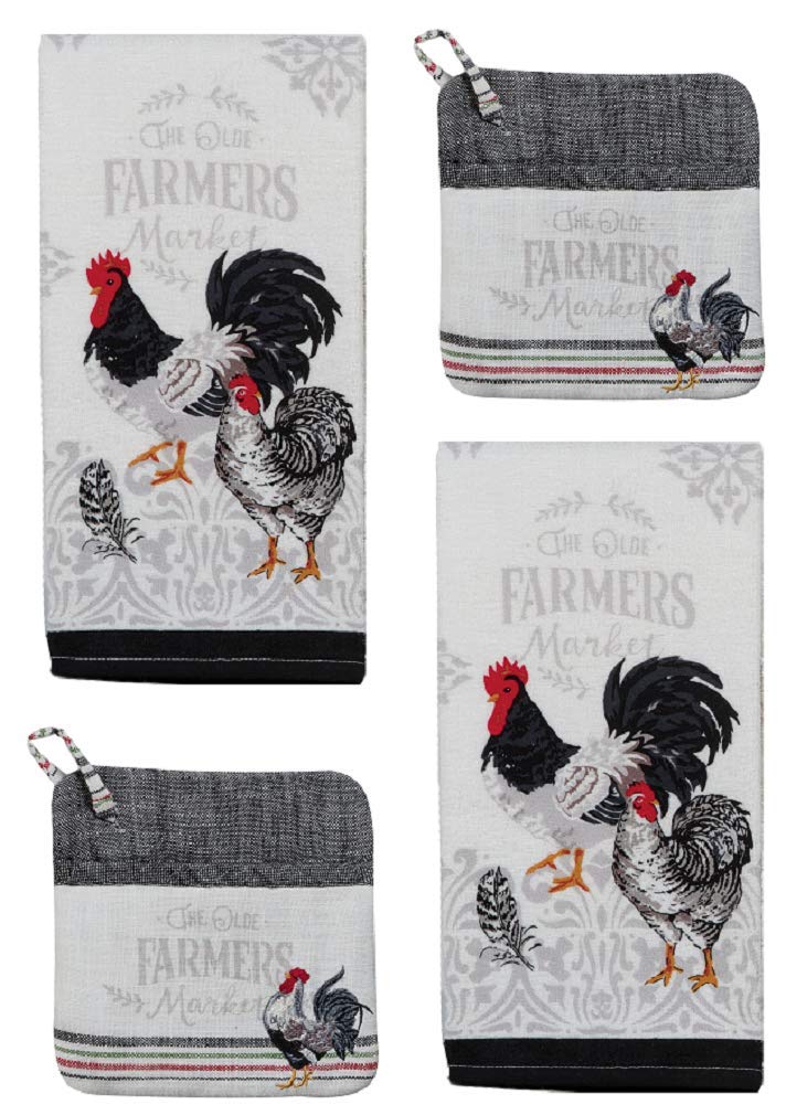 DHE 4 Piece Farmer's Market Country Kitchen Linen Set - 2 Terry Towels and 2 Embroidered Pocket Mitts