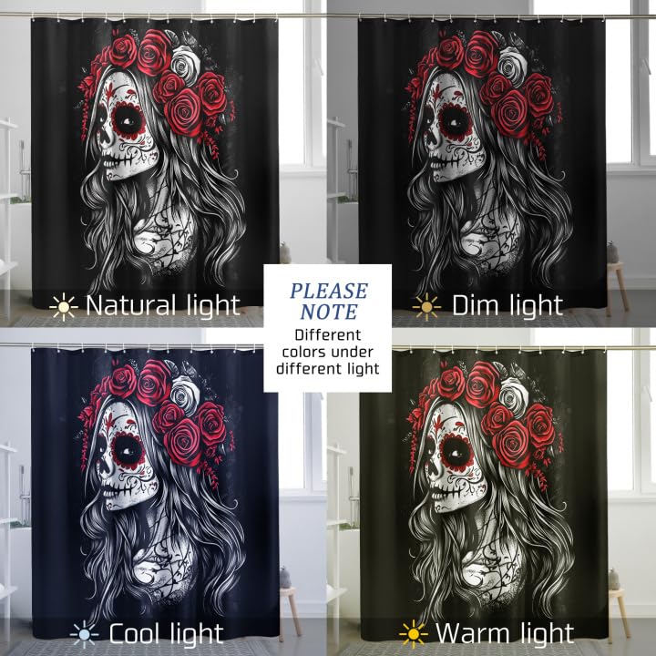 Day Of The Dead Sugar Skull Shower Curtain - 72x72 Inch Waterproof Floral Skull Bathroom Decor - View #5
