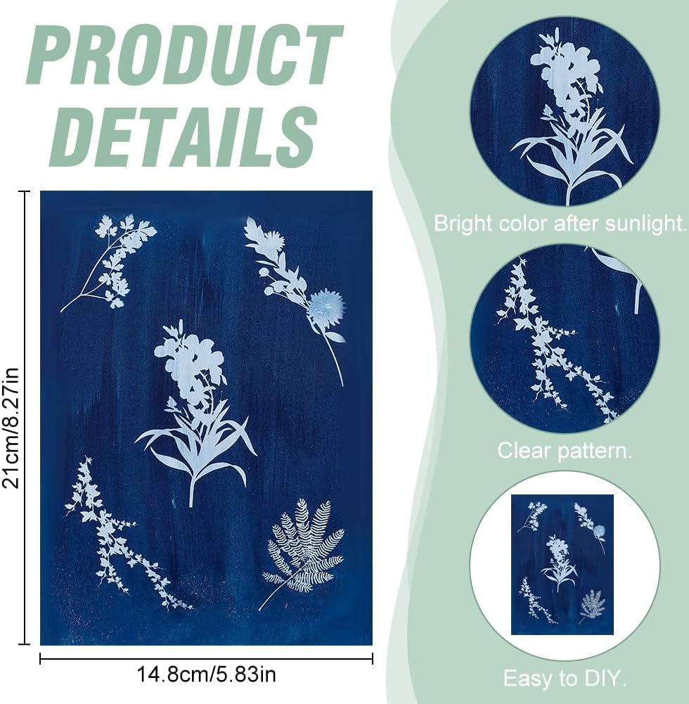WEBEEDY 45 Pcs Cyanotype Kit Include 10 Sheets A5 Cyanotype Paper,10 Pcs Bookmark,25 Pcs Blank Labels for Adults Beginners,Sun Print Paper Kit Nature Drawing Printing for Leaves and Flower Press