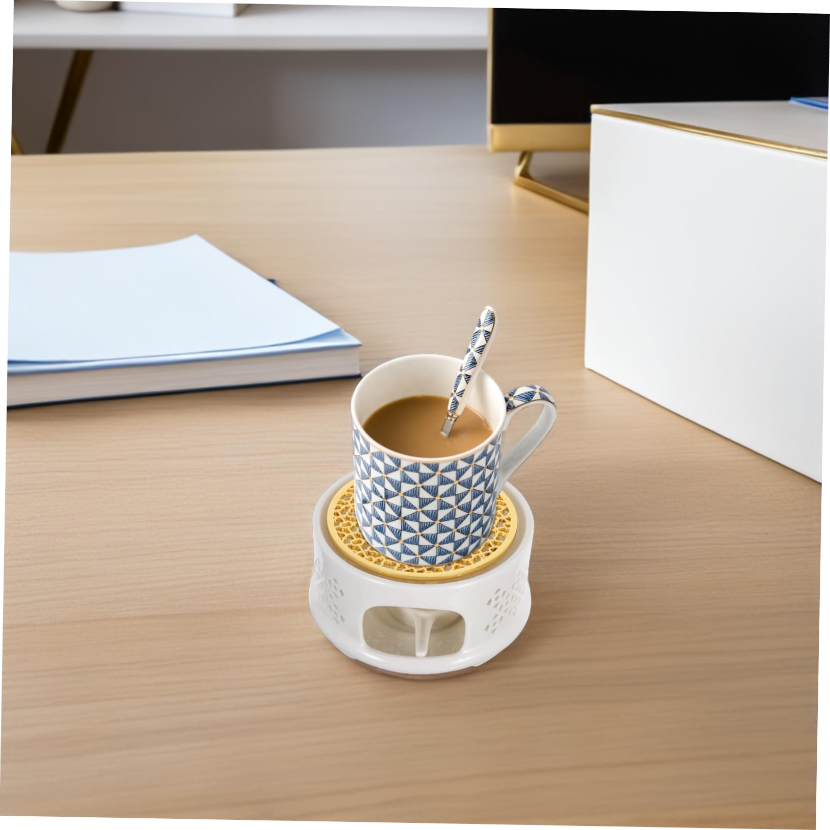 ABOOFAN Keramik Teekannenwärmer mit Löffel Deckel und Kerzenhalter Stabiles Stövchen mit Edelstahlsieb Geeignet für Glas Teekannen zum Erwärmen von Tee Kaffee und Milch Tisch