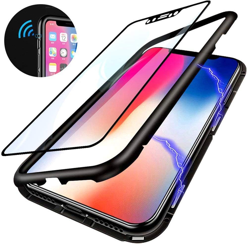 Magnetic Case for Samsung Galaxy J6 Plus,Clear Tempered Glass Back Cover [Magnets Metal Bumper Frame][Support Wireless Charge] 360°Full Protection Ultra Slim Case+Screen Protector