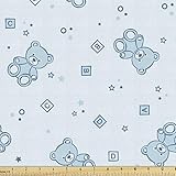 Ambesonne Cartoon Fabric by The Yard, Teddy Bears and Toys with Letters on Imagery Blue Background, Decorative Fabric for Upholstery and Home Accents, 1 Yard, Blue Aqua