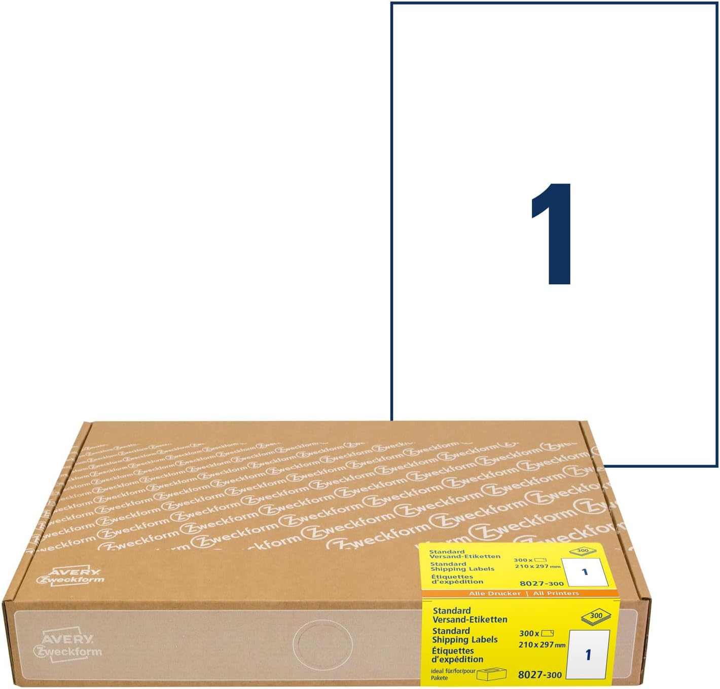 AVERY Zweckform 8027 Shipping Labels (300 Adhesive Labels A4, 210 x 297 mm on A4, Printable Shipping Labels for Hermes, DHL, GLS, DPD, UPS, FedEx, Self-Adhesive Address Labels, 3478) 300 Sheets