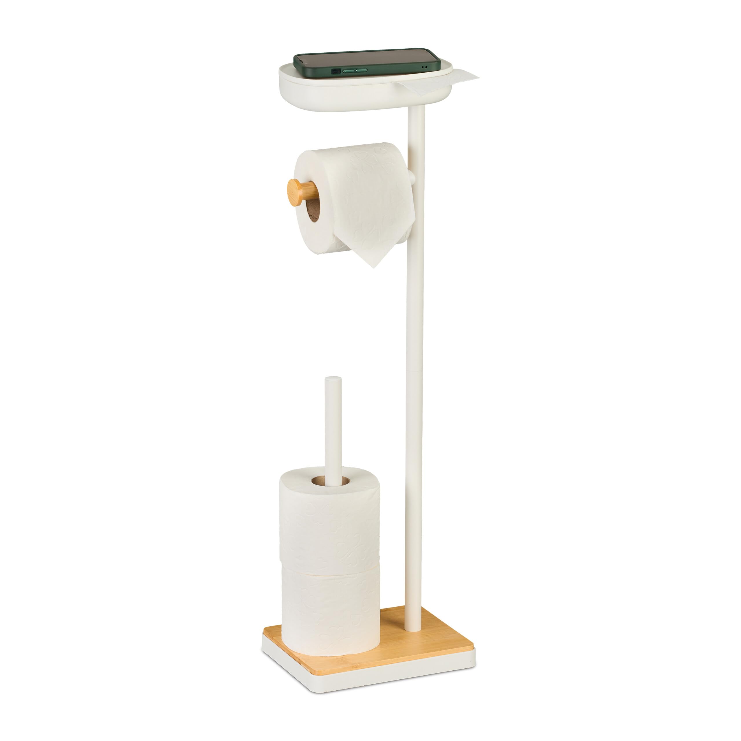 Relaxdays freestanding toilet roll holder with shelf, HWD: 68x20.5x16cm, reserve roll holder, white/natural