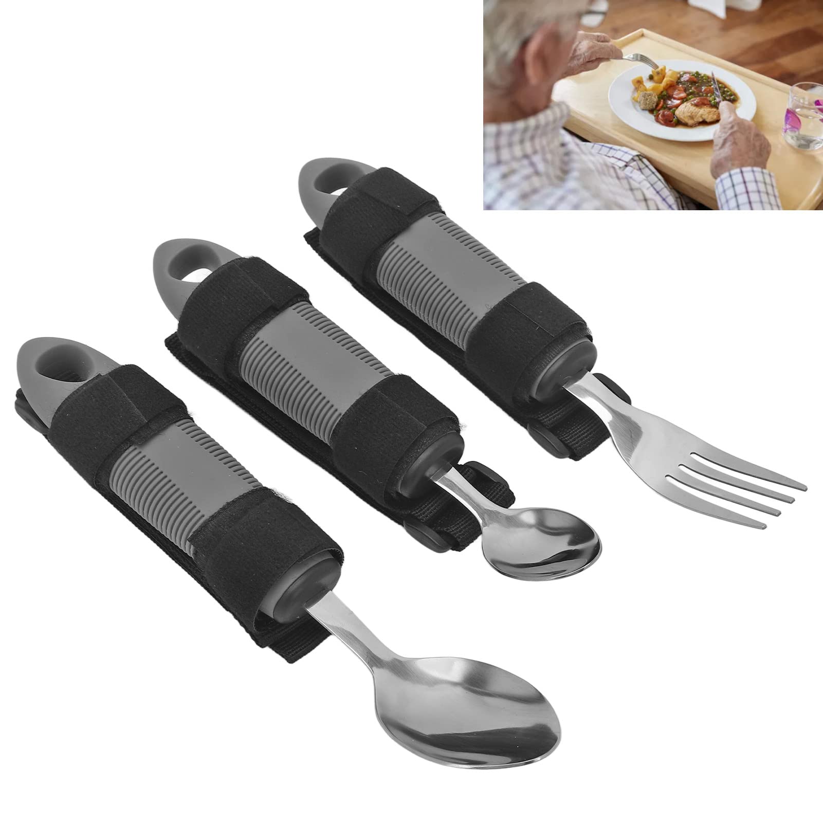 Set di Utensili Adattivi, Posate di Facile Presa per Parkinson, Artrite, Cucchiaio, Forchetta, Coltello in Acciaio Inossidabile con Supporto Senza Peso, Ideale per Anziani e