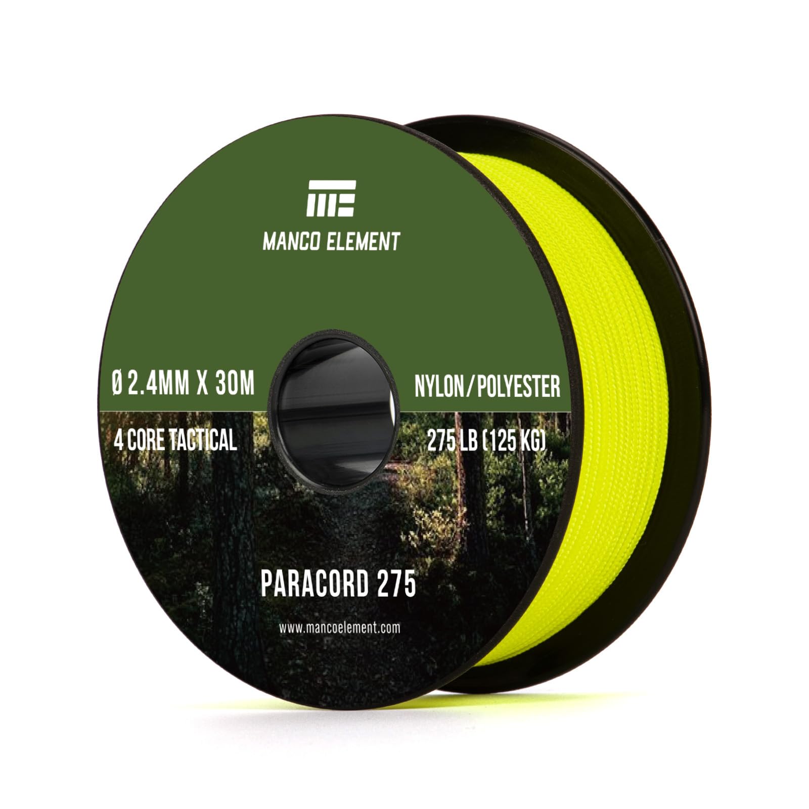 Manco Element 2.4mm Paracord 275lb 30m Rope Cord - 4 Strand, Nylon & Polyester, UV & Abrasion Resistance - Neon Yellow