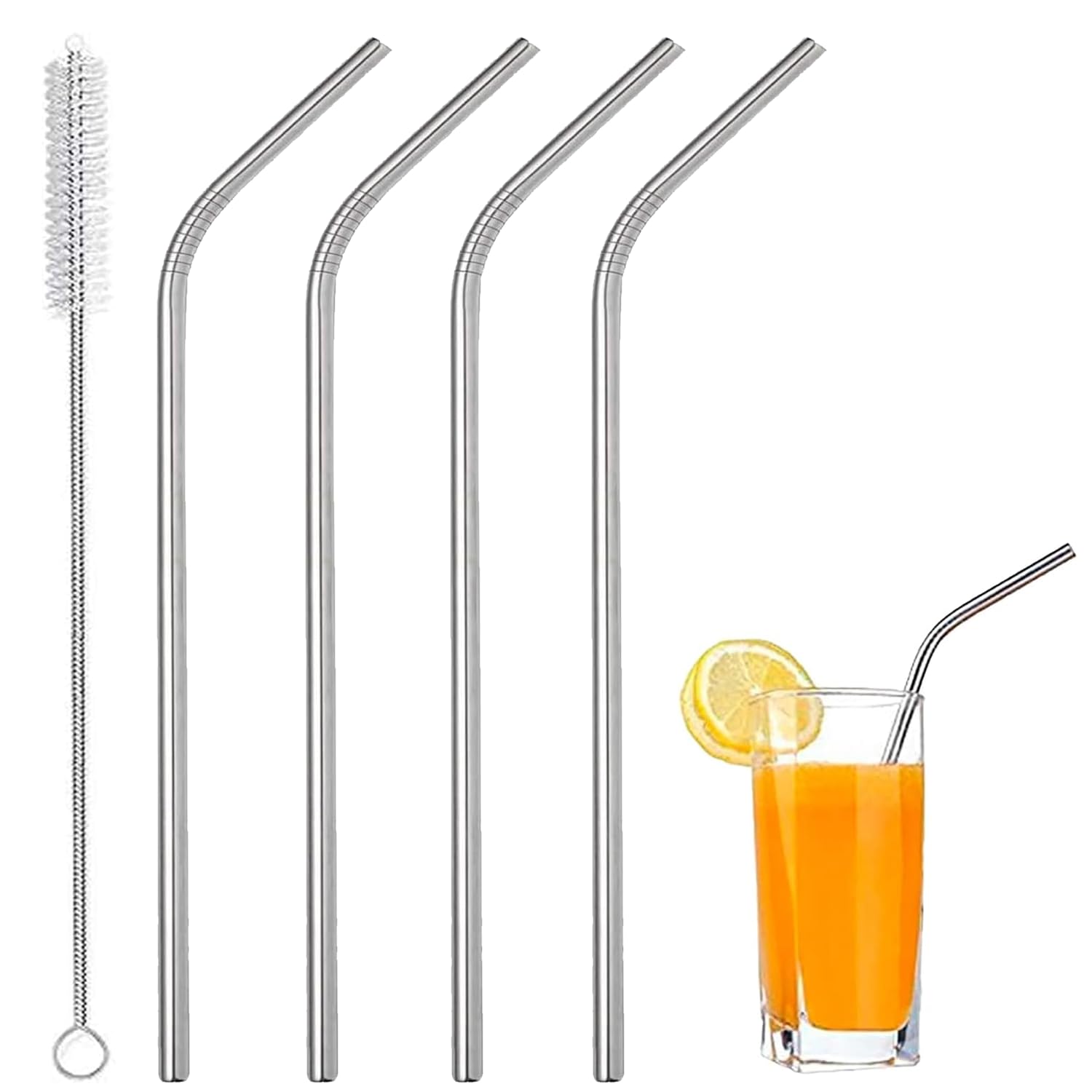 Pack of Four Stainless Steel Straws and Brush Set - Reusable Metal Milkshake Straws, Great for Smoothie, Water, Juice, Curved Silver Design