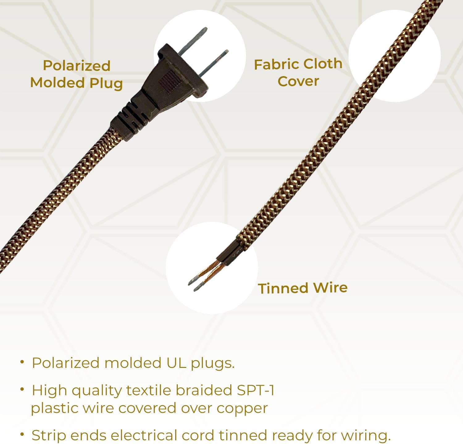 Royal Designs, Inc. Lamp Cord Molded Plug, Stripped Ends Ready for Wiring, 8 ft Long, Brown/Gold, SPT-1 UL Listed (CO-5001-BR/GL-8-1)