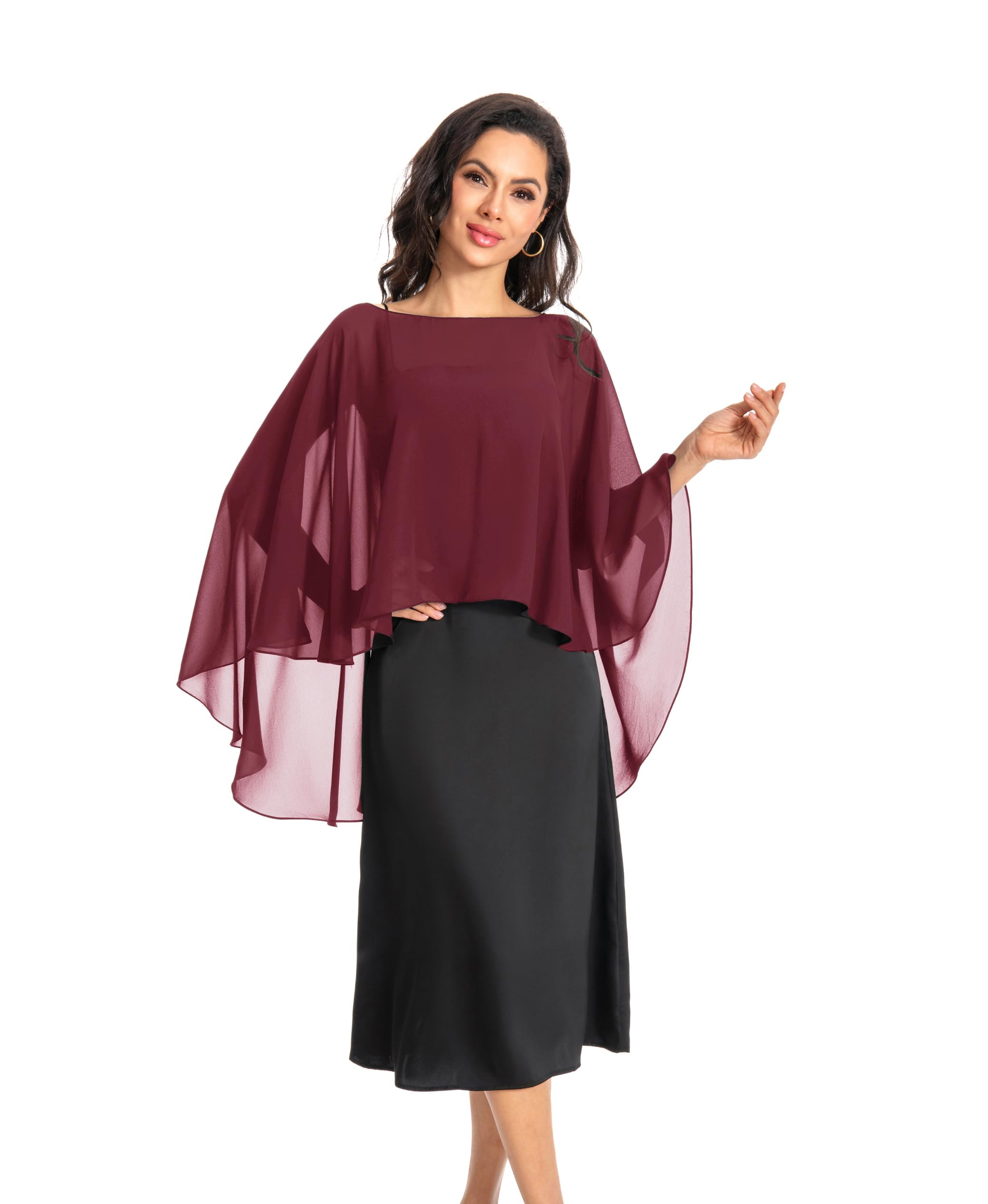 Baoqiya Chiffon Capes Sheer Capelets Long Cape Poncho For Women Plus Size, Burgundy, L
