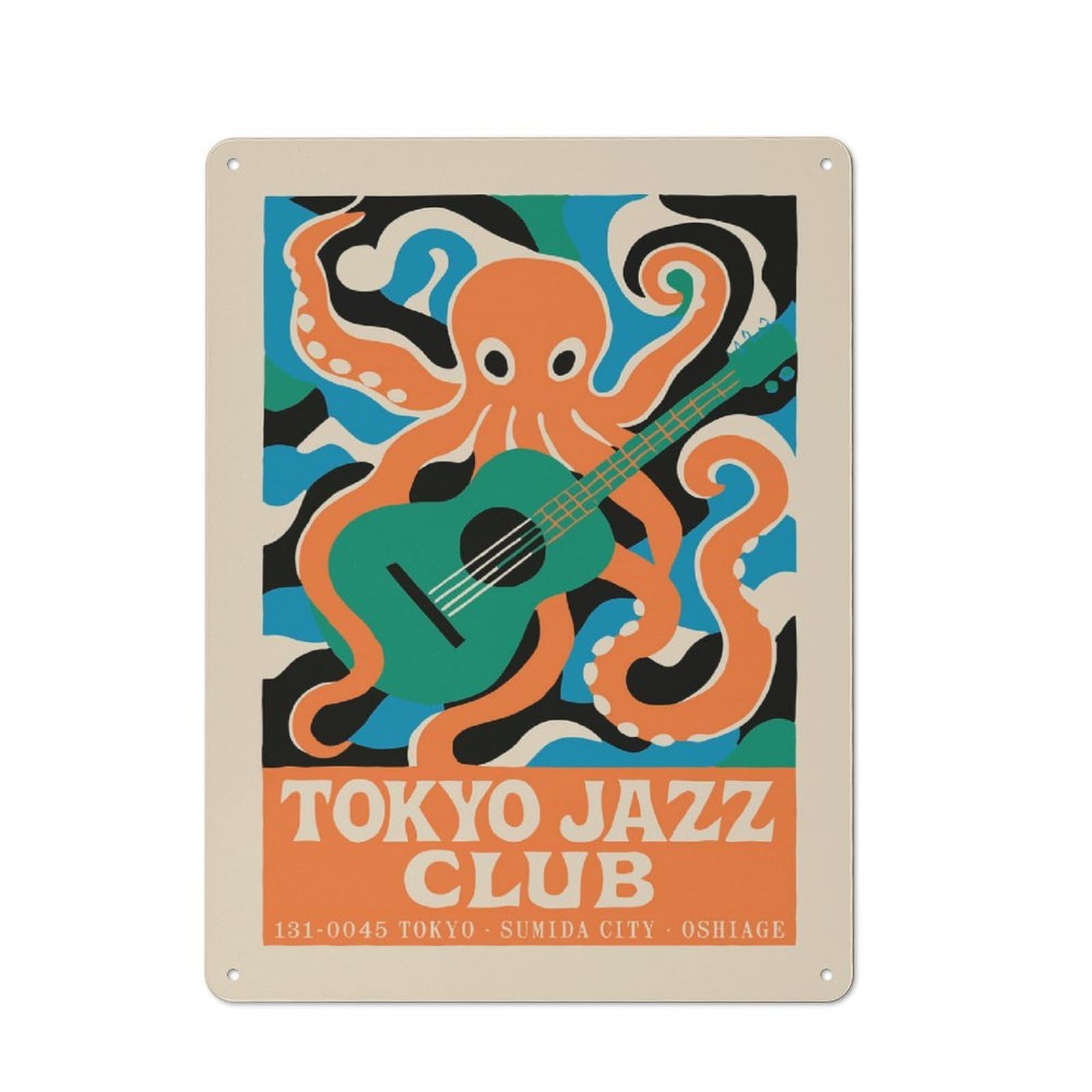 Junmoney Style-19 Tokyo Jazz Club Octopus Guitar Rustic Metal Wall Sign 40X30cm For Workshop Wall, Suited To Makers And Diy Enthusiasts