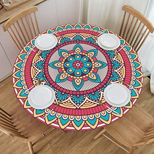 FATTTYCY Round Table Cloth Indian Mandala Flower Tablecloth Elastic Edge Fitted Table Cover Fits Tables Up to 40"-44" Diameter