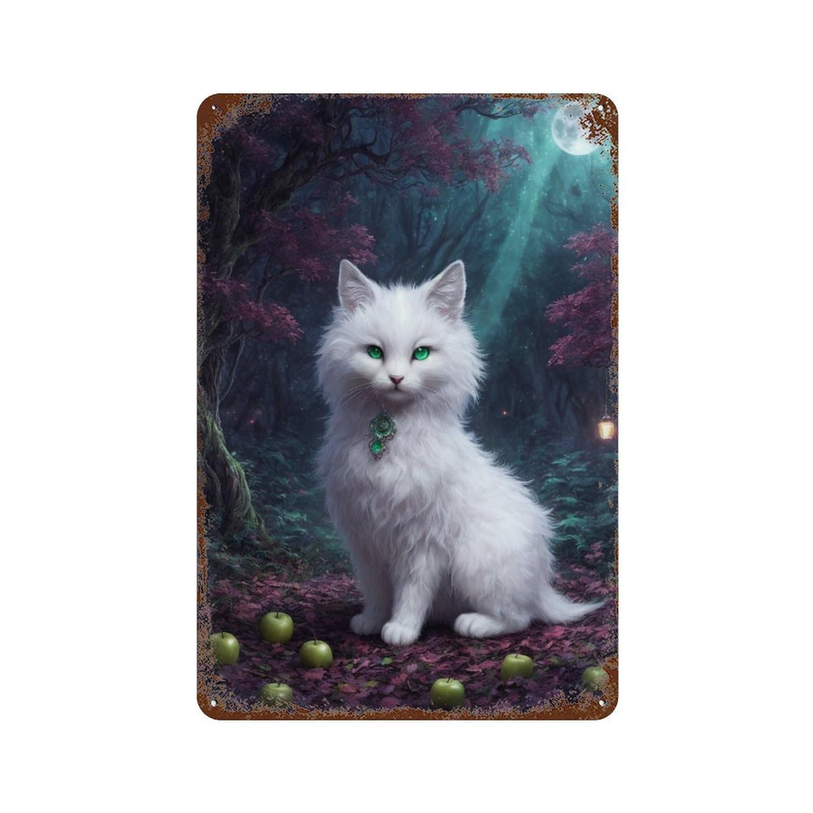 Enchanted Forest Moonlit Cat Vintage Wall Sign 11.8"x7.9", Rust Effect Metal Decor for Shed, Workshop And Garage Wall Decor