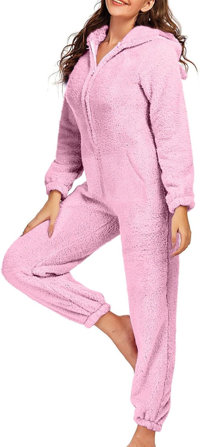 Adult One Piece Pajamas Women Sherpa Lined Jumpsuits Fuzzy Fleece Romper Cute Hooded Pajama Winter Warm Loungewear
