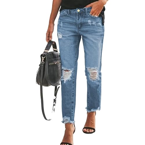 Sidefeel Women's Boyfriend Jeans Stretchy Ripped Distressed Zimbaplatinum Denim Pants Size 4-18