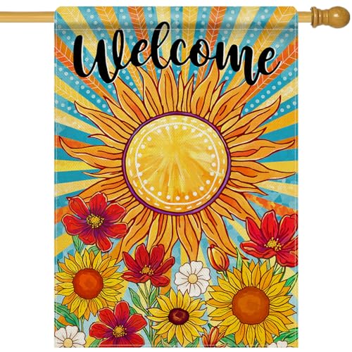 Dyrenson Welcome Spring Summer Sunflower 28 x 40 House Flag Double Sided, Colorful Poppy Daisy Flower Garden Yard Decoration, Floral Seasonal Burlap Outdoor Decor Decorative Large Flag