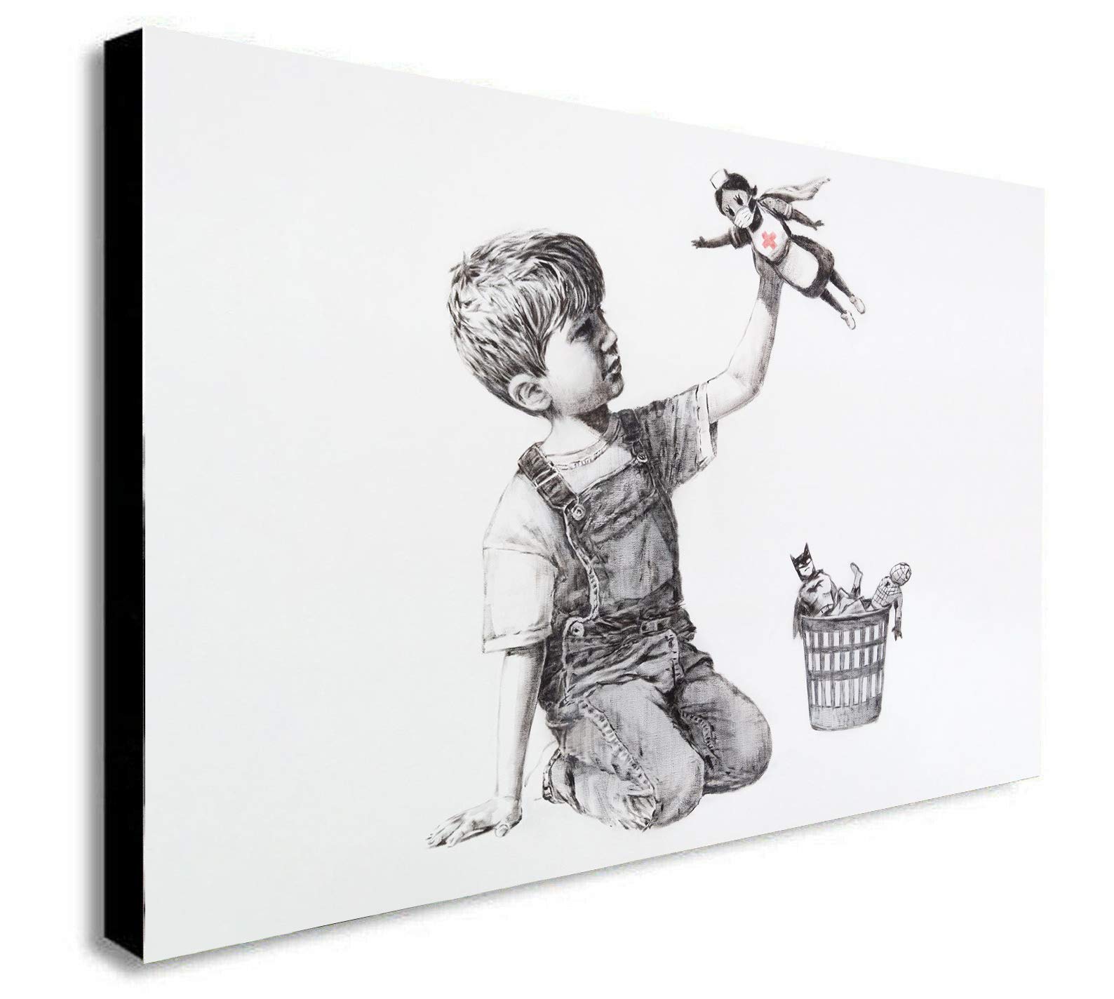 Fab Banksy Street Art - Superhero - Nhs - Canvas Wall Art Framed Print - Various Sizes (A1 32X24 Inches)