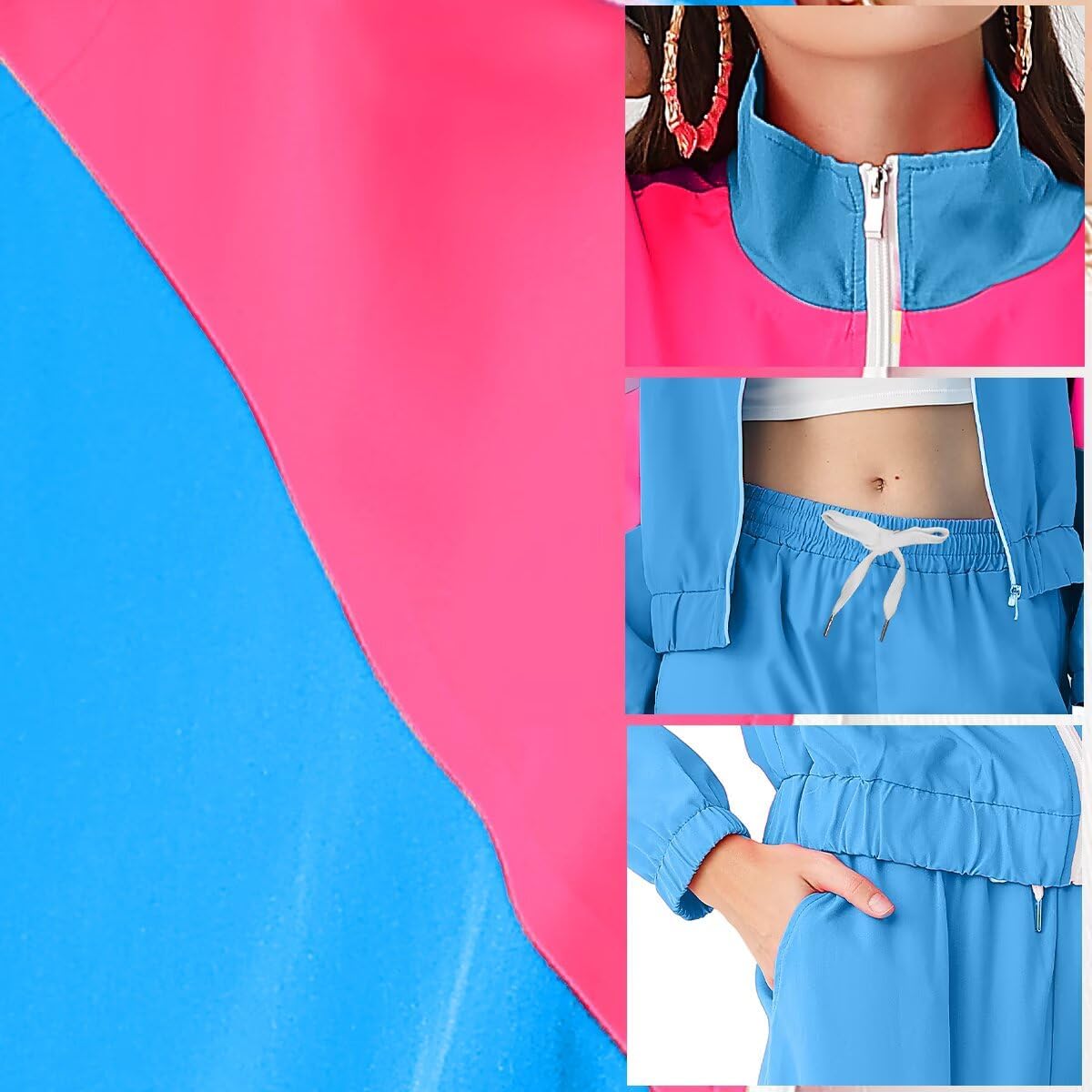 Women's 80s 90s Outfits Tracksuit Costume Accessories Set, Color Block Windbreaker Jacket Neon Fanny Pack - Image 4