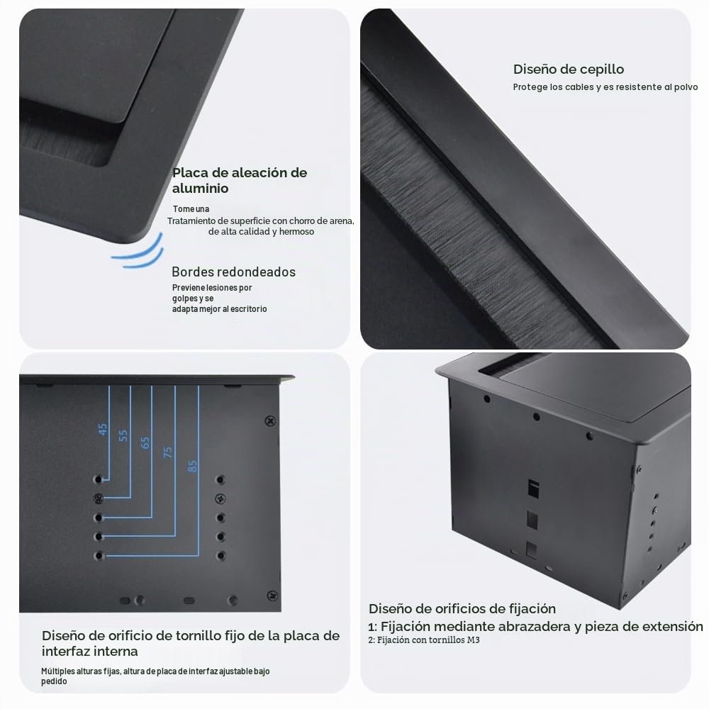 Tomacorriente de mesa, regleta de enchufes con receptáculos encastrados de aluminio 2 x Schuko 1 x cargador USB-A+C (PD 65W) 1 x CAT6 1 x HDMI 1 x USB-C 1 x cable de alimentación de 1.7m 4 x agujeros