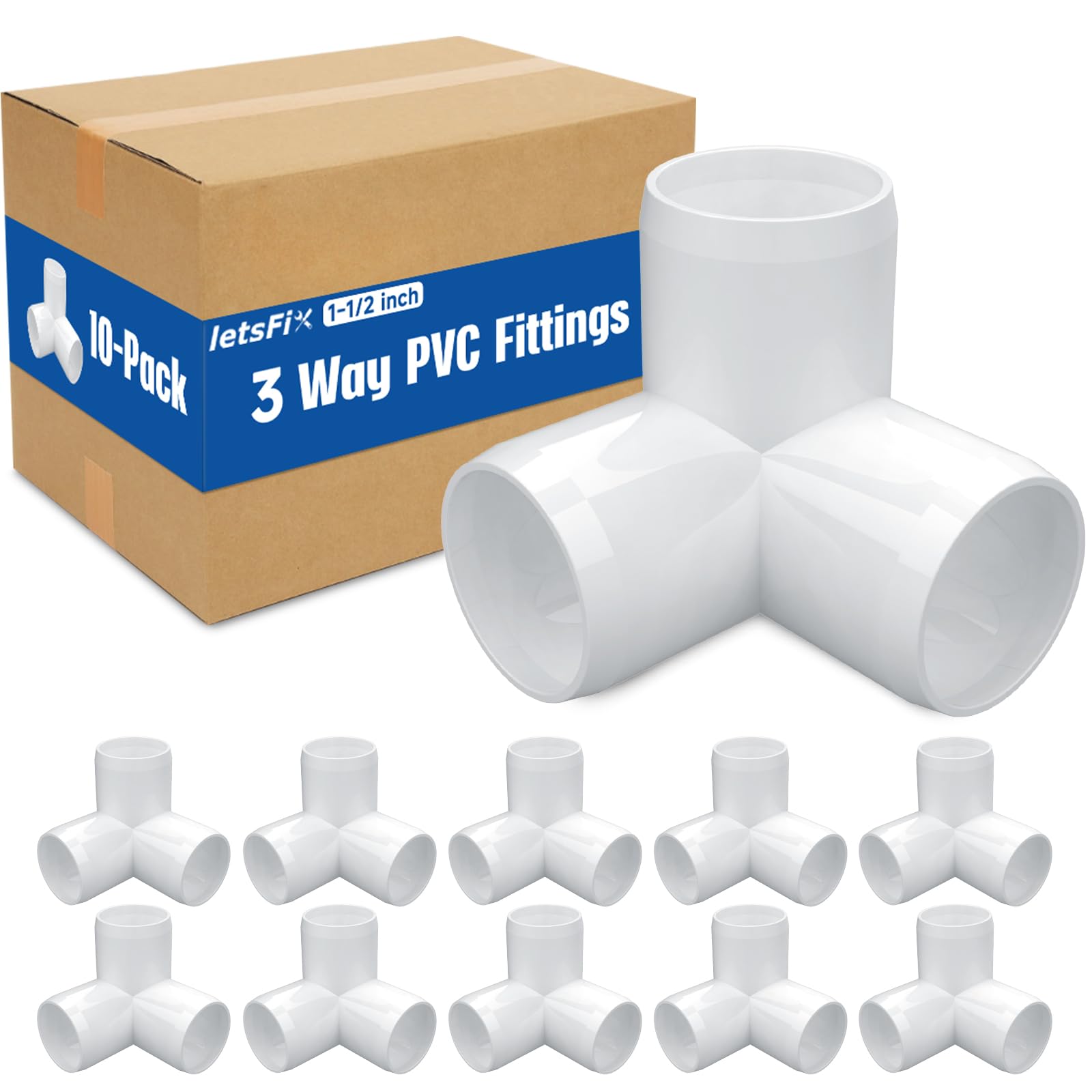 Accesorios de PVC de 1-1/2 pulgadas, 3 vías (paquete de 10) para muebles, conector de codo, resistente para muebles de bricolaje, marcos, resistente a los rayos UV, compatible con tubos de PVC