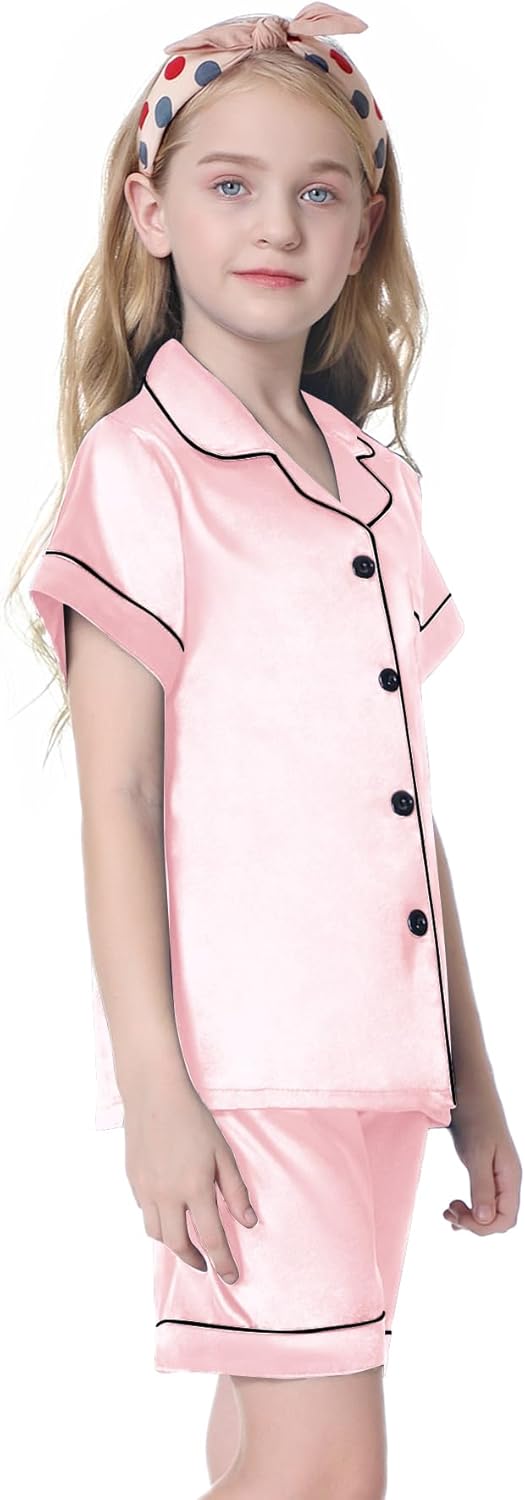 Umeyda Women & Girls Pajamas Set, Soft Satin Lightweight Silk Button-Down Top with Shorts 2 Piece PJS for Mom Boys Kids Gifts - Image 4