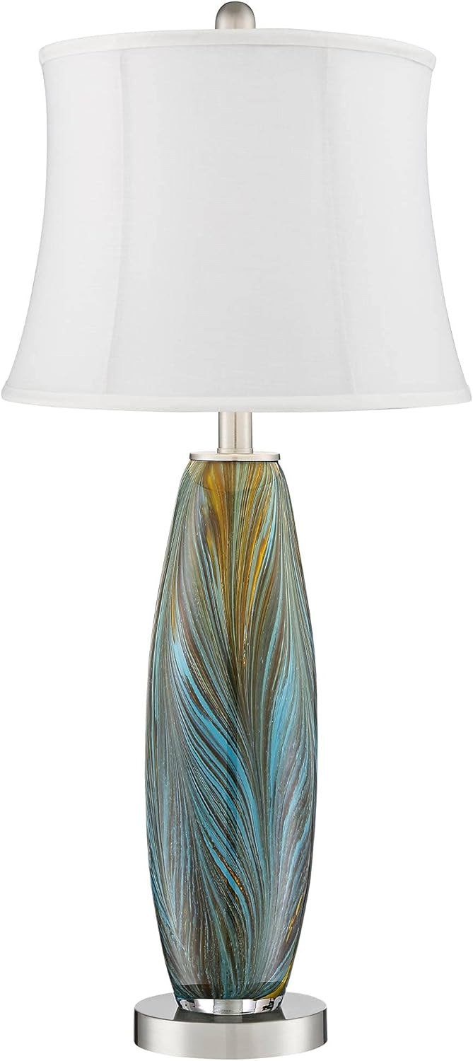 360 Lighting Azure Modern Table Lamps 26.75" High Set of 2 Blue Brown Art Glass Brushed Nickel Metal Cream Fabric Drum Shade Decor for Living Room Bedroom House Bedside Nightstand Home