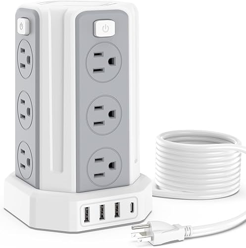 SMALLRT Power Tower - Protector de sobretensiones, cable de extensión de 10 pies con 12 tomas de corriente alterna múltiples, 4 USB (1 USB C),
