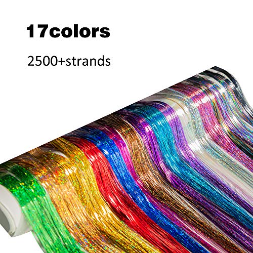 Hair Tinsel Shiny Hair Extensions 2500+ Strands Sparkling Easy to Apply Fashion Colored Hair Accessories Gifts for Kids Girls Women Party Stage Outdoor Activities (40 Inch, 17 Colors)