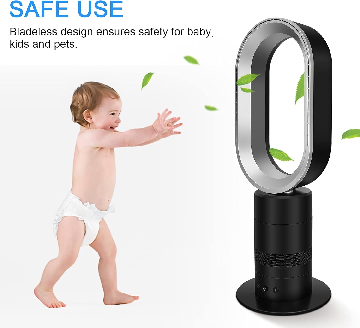 Simple Deluxe 27 Inch Bladeless Tower Fan with Timing Closure and Remote Control, Low Noise Air Circulator Floor Fan for Home and Office Use, Adjustable Speeds & 90° Swivel, Black